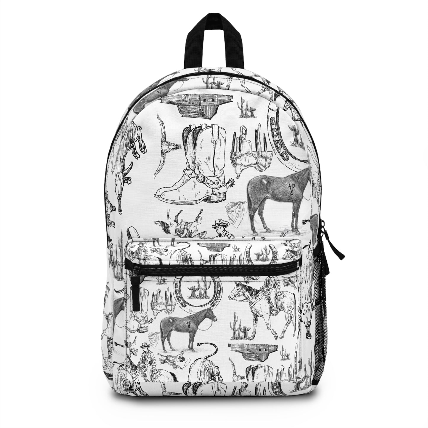 Western Sketch Print Backpack — Cowboy Boots, Horses & Rodeo Pattern