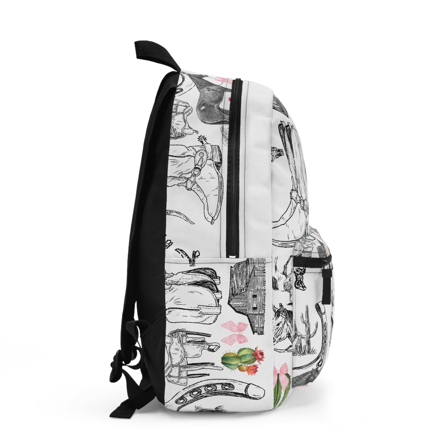 Western Sketch Backpack — Cowboy Horse, Horseshoe & Cactus Pattern