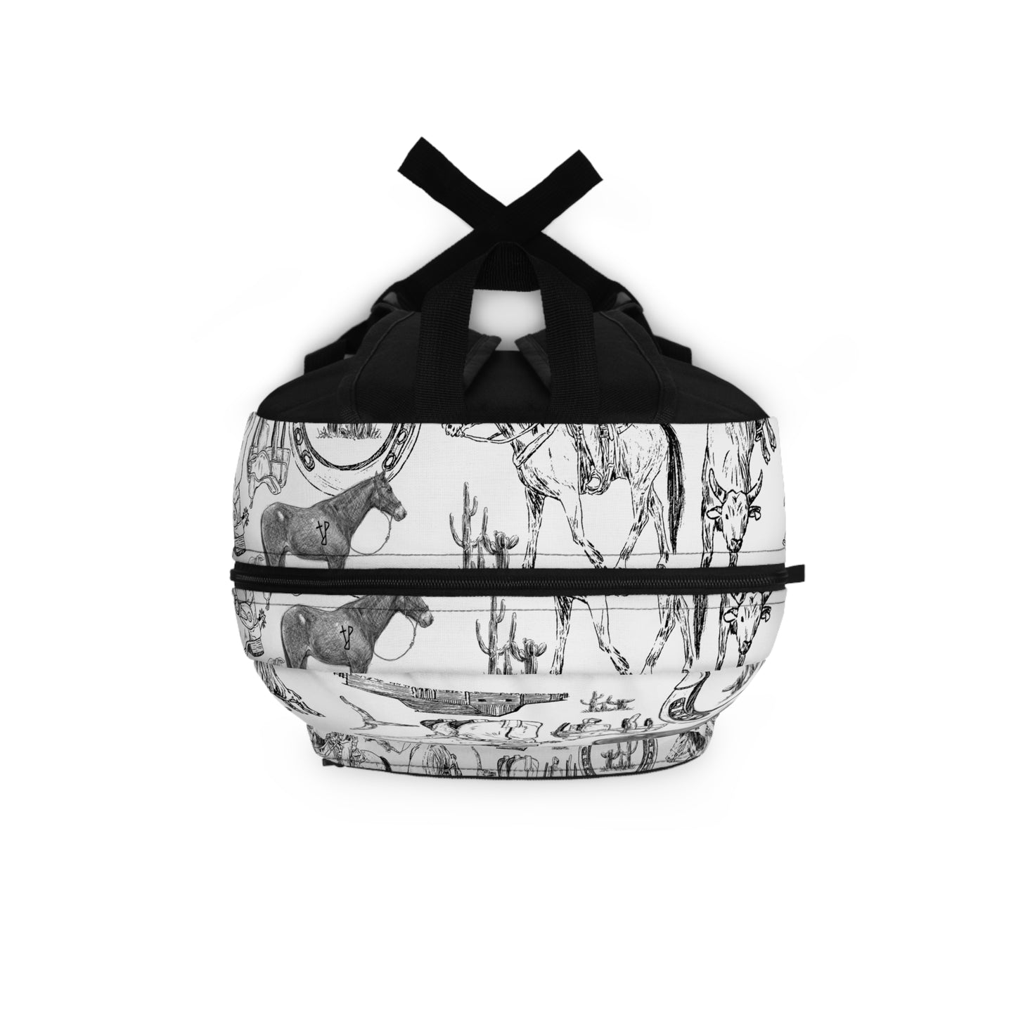 Western Sketch Print Backpack — Cowboy Boots, Horses & Rodeo Pattern