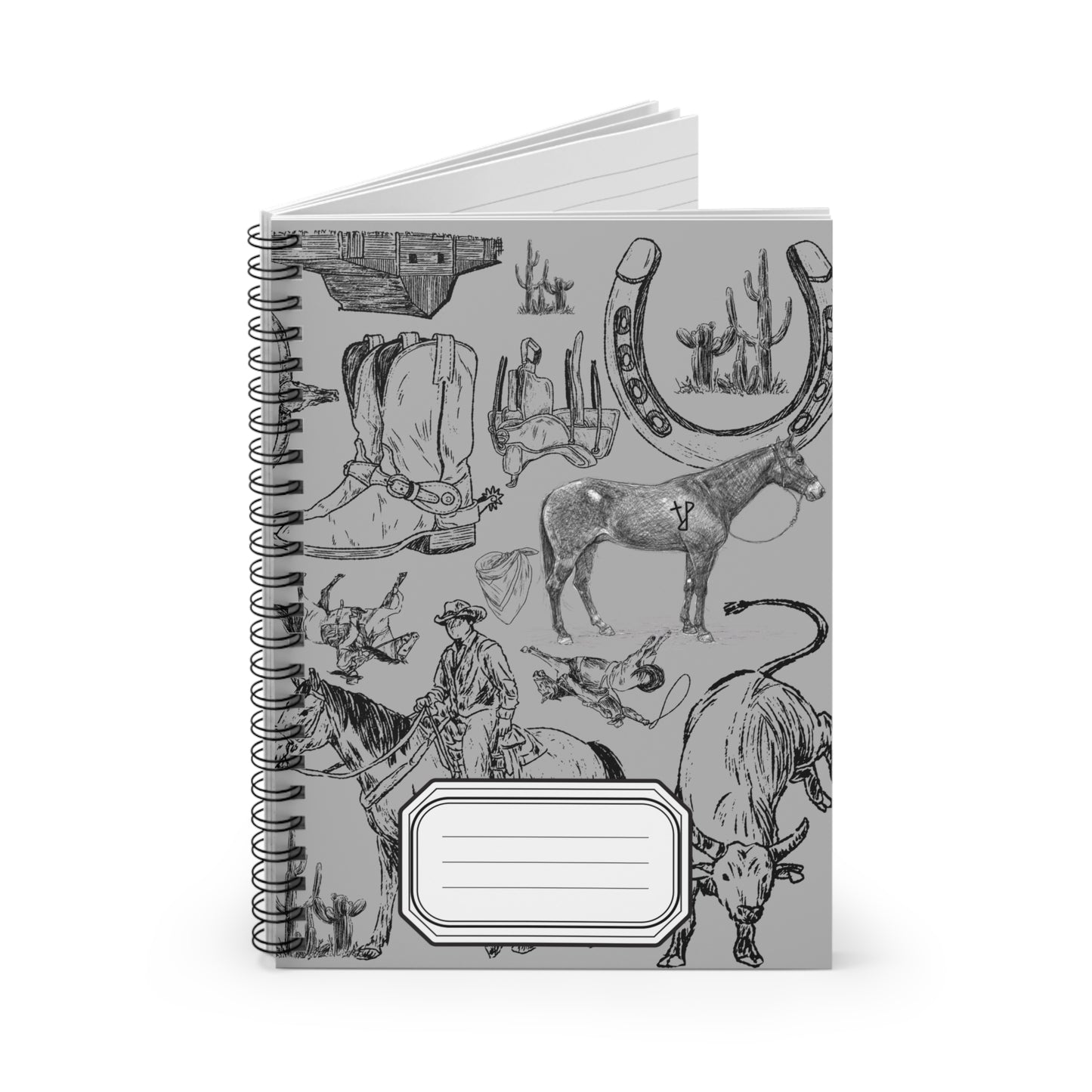 Cowboy Western Spiral Notebook — Ruled Journal with Boots, Horses & Horseshoe Sketches