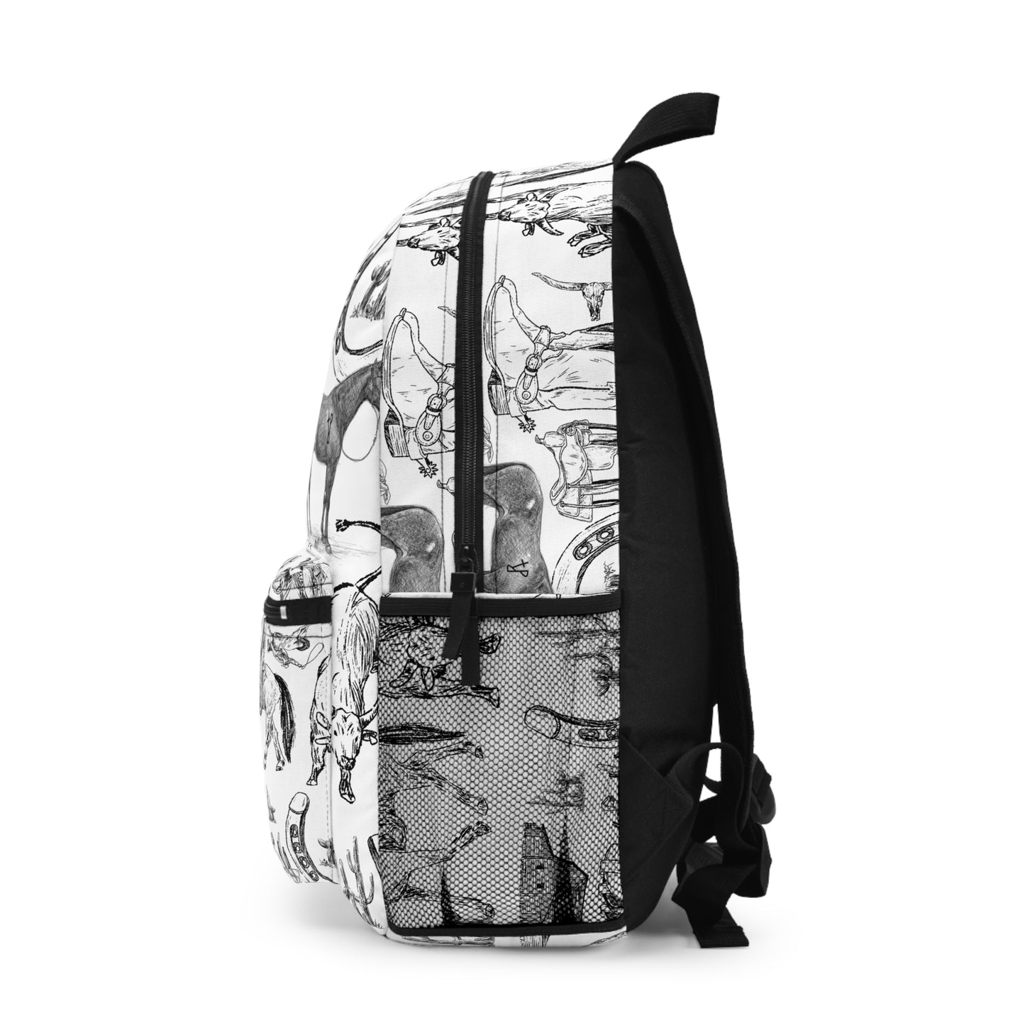 Western Sketch Print Backpack — Cowboy Boots, Horses & Rodeo Pattern
