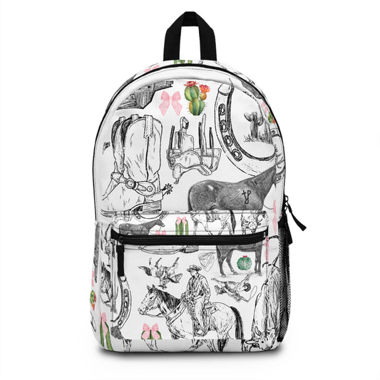 Western Sketch Backpack — Cowboy Horse, Horseshoe & Cactus Pattern