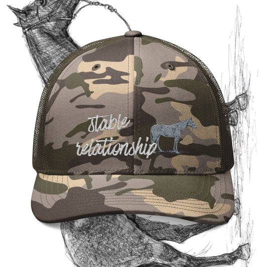 Camouflage Trucker Hat — Embroidered 'Stable Relationship' Horse Design