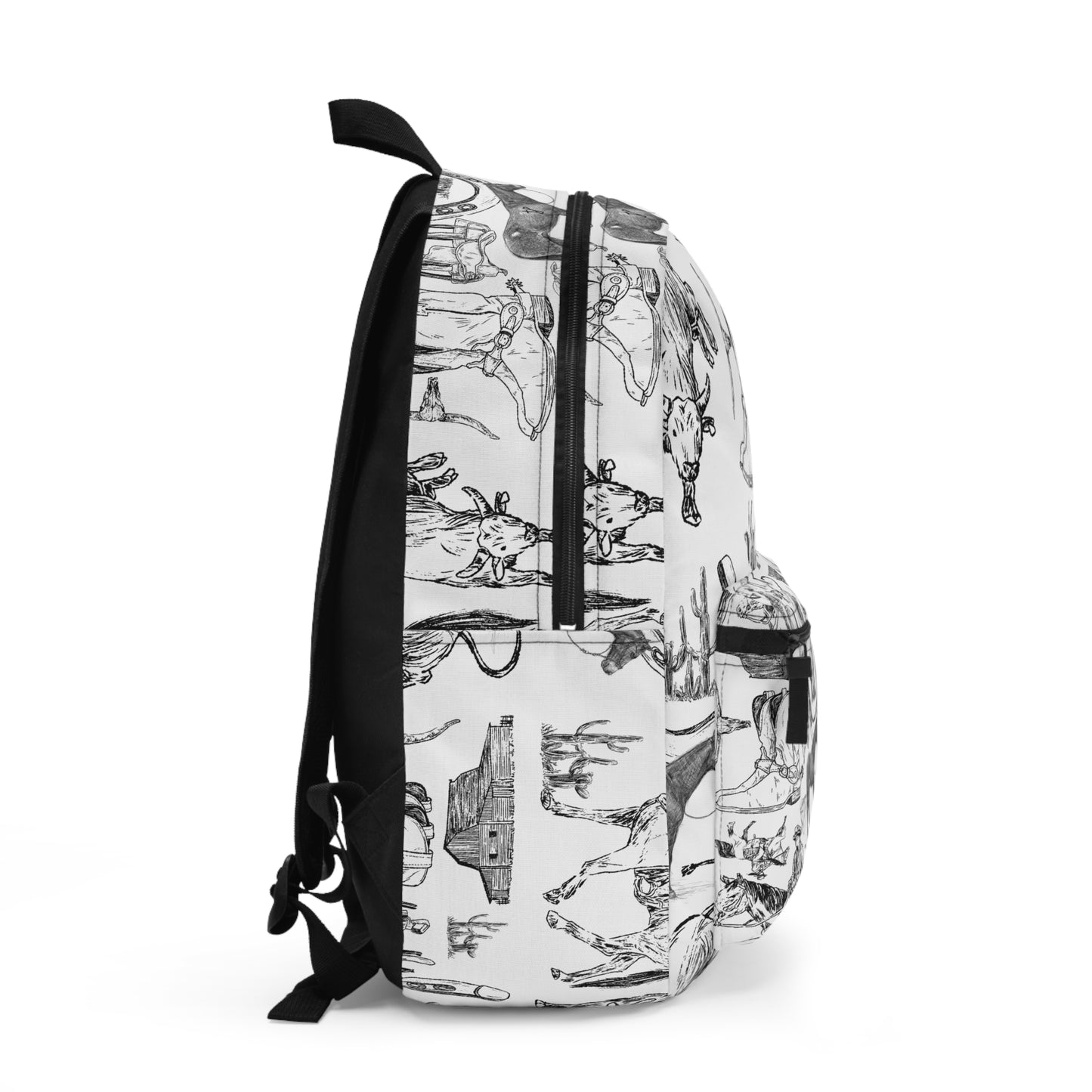 Western Sketch Print Backpack — Cowboy Boots, Horses & Rodeo Pattern